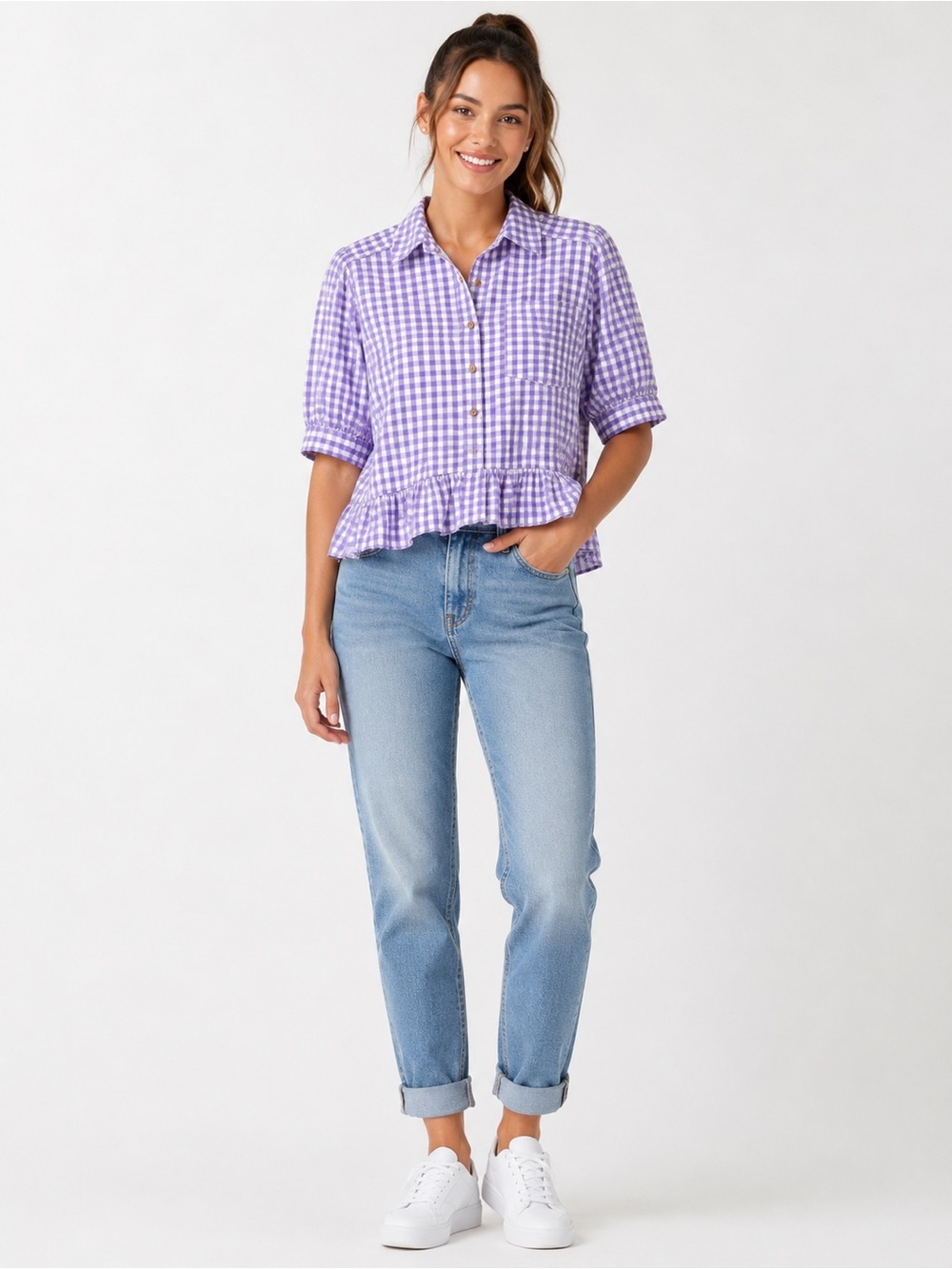 Cicy Bell Lavender Gingham Button-Down Peplum Shirt